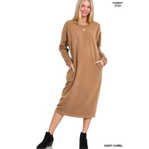 ZENANA SOFT FLEECE PIGMENT DYE SWEATSHIRTS DRESS Camel Size L